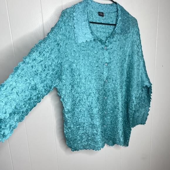 Magic Scarf Women Crinkle Blouse Wearable Art XL 3X Teal Shimmer Loose Fit Fairy - Picture 3 of 6
